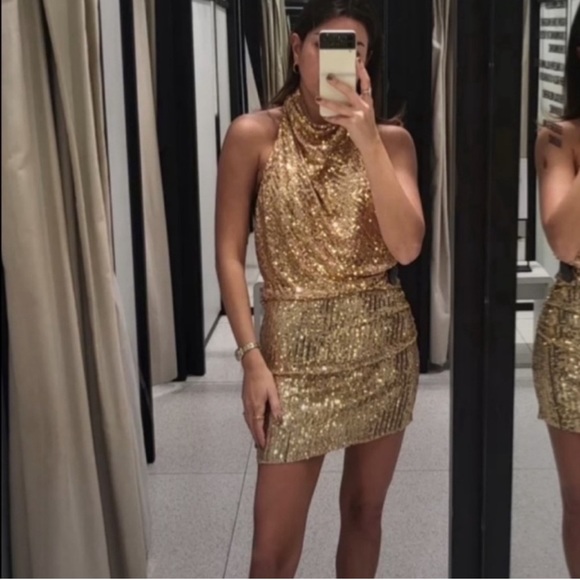 Zara Gold Sequin Halter Mini Dress - Picture 12 of 16